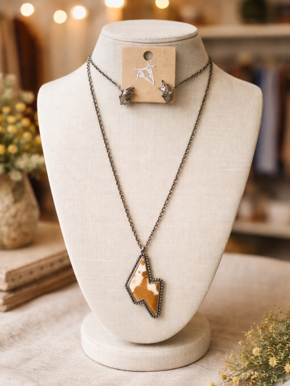 Lightning Bolt Faux Pony Fur Cowgirl western Pendant Necklace Earring Set